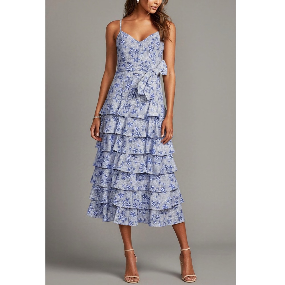 LIKELY Ariella Floral Tiered Midi Dress, Amparo Blue, 8 (US)